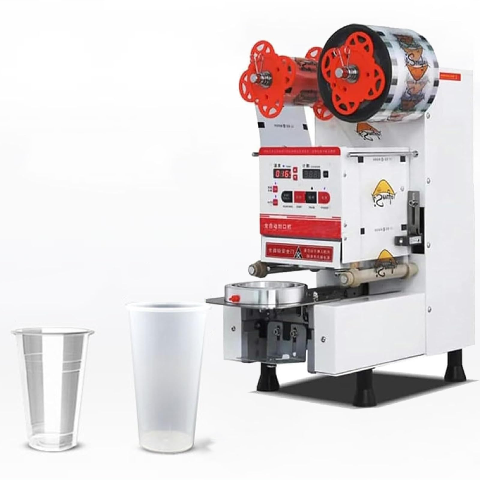 KJZQXYX Automatic Cup Sealing Machine for Tea, Juice, and Drinks – LCD Control Panel, Seals 90/95mm Plastic & Paper Cups, 600-800 Cups/Hour (White)