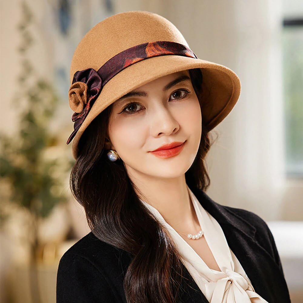 Eleganti Cappelli da Pescatore per Donna Matrimonio e Chiesa Primavera Autunno Feltro di Lana Fedora Signore Caldo Berretto Femmina (khaki95658cm M)