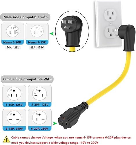 Miniatura 4 de Cable adaptador de enchufe doméstico de 1 pie de 12 AWG en ángulo recto de 15 amperios a 20 amperios, cable adaptador de enchufe de 90 grados Nema