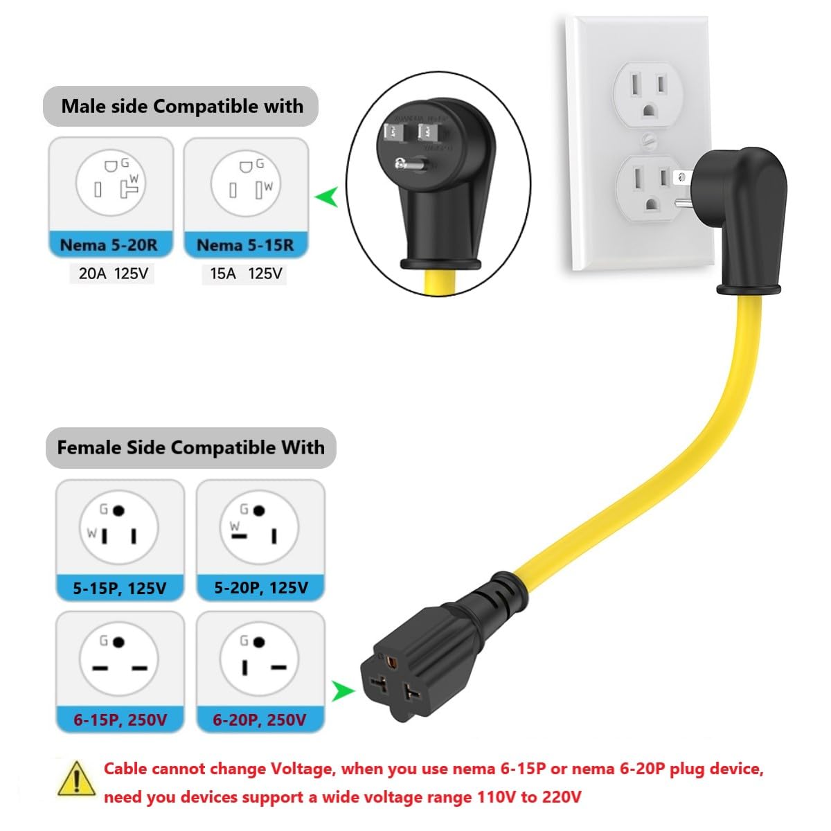 1-FT 12AWG Right-Angle 15 Amp Household AC Plug to 20-Amp Adapter