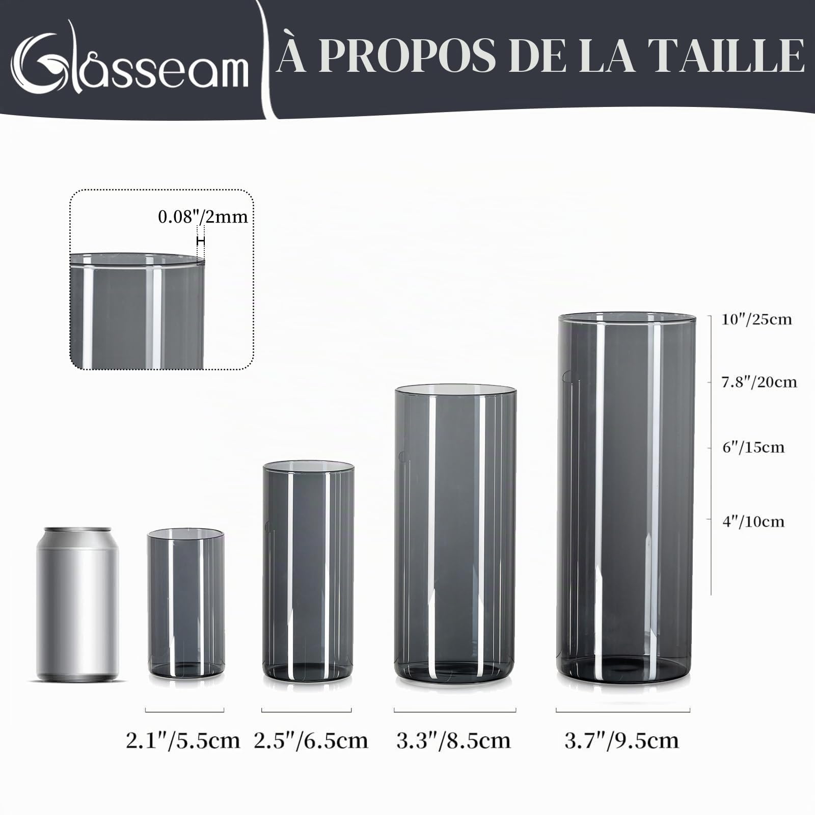 Glasseam Vase Cylindrique en Verre Gris : 6pcs Vases à Fleurs Modernes pour Centre De Table - Bougeoirs Ouragan DéCoratifs Vase à Tulipes en Herbe De La Pampa pour Fleurs (10/15/20cm)
