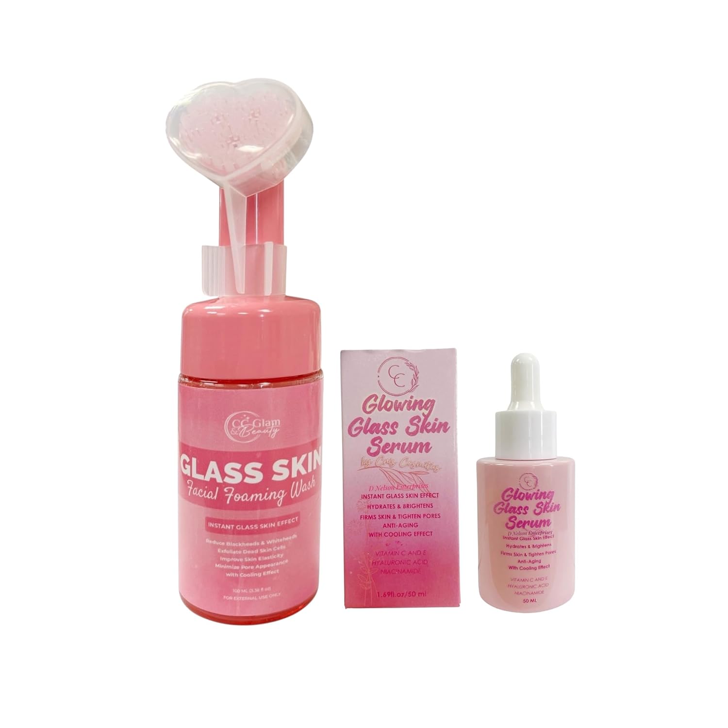 CC Glam Cris Cosmetics Glowing Glass Skin Facial Foaming Wash & Serum Bundle