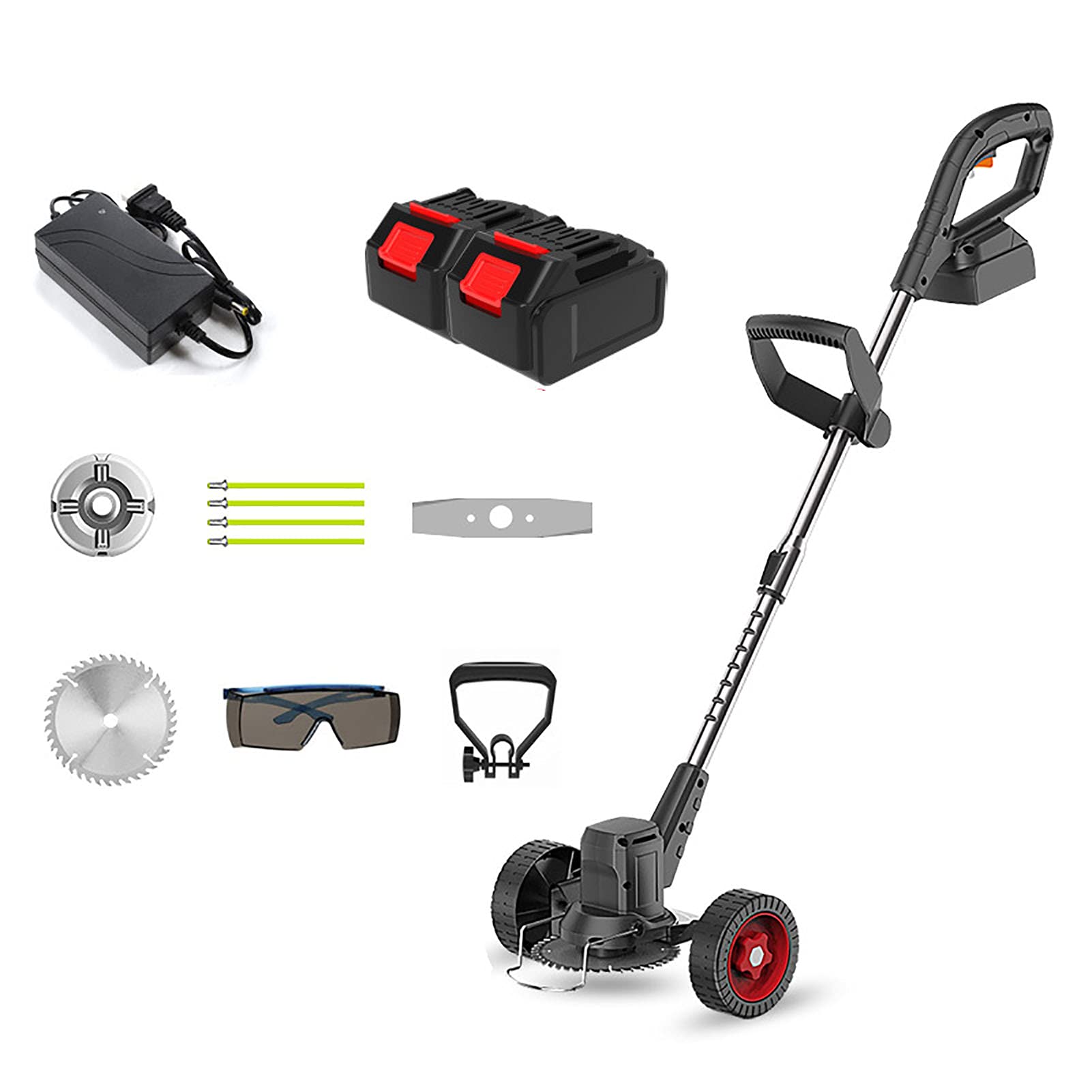 Tosaerba a Batteria, caricabatteria 21V, tagliaerba a Batteria Nero Tosaerba Elettrico Regolabile con palo telescopico per Giardino carrabile per la Cura del Prato, 2 batterie