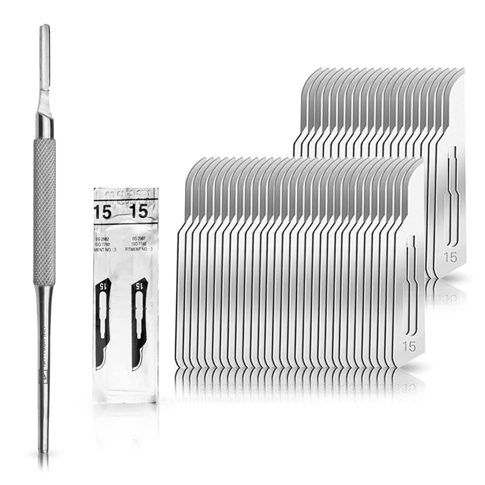Set - 50 piezas hojas de bisturí No. 15 y mango de bisturí No. 3 - Hojas de repuesto para bisturí hechas de acero al carbono - Estéril