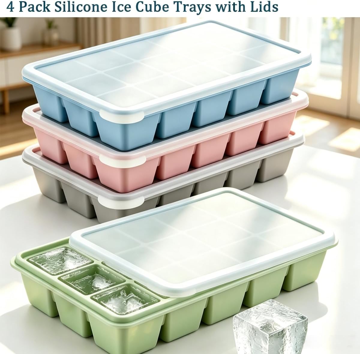 Silicone Ice Cube Tray 4 Pack with Lid, BPA Free Easy Release Stackable Ice Molds, Ice Trays for Freezer, Perfect for Whiskey, Cocktails & Baby Food
