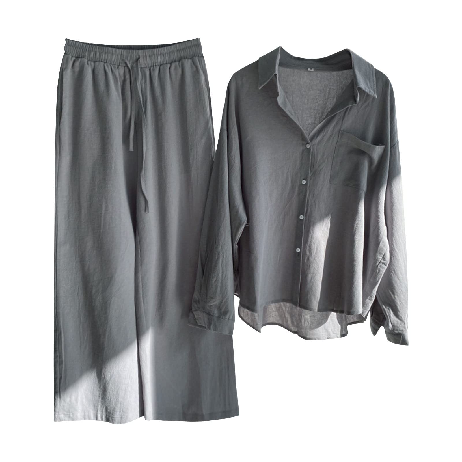 2 Pièces Ensemble Coton et Lin pour Femme Chemise Manches Longues Et Pantalon à Jambes Larges Léger Pas Cher Casual Couleur Unie Grande Taille Basiques Quotidien Ample Tenue de Plage Vacances Set