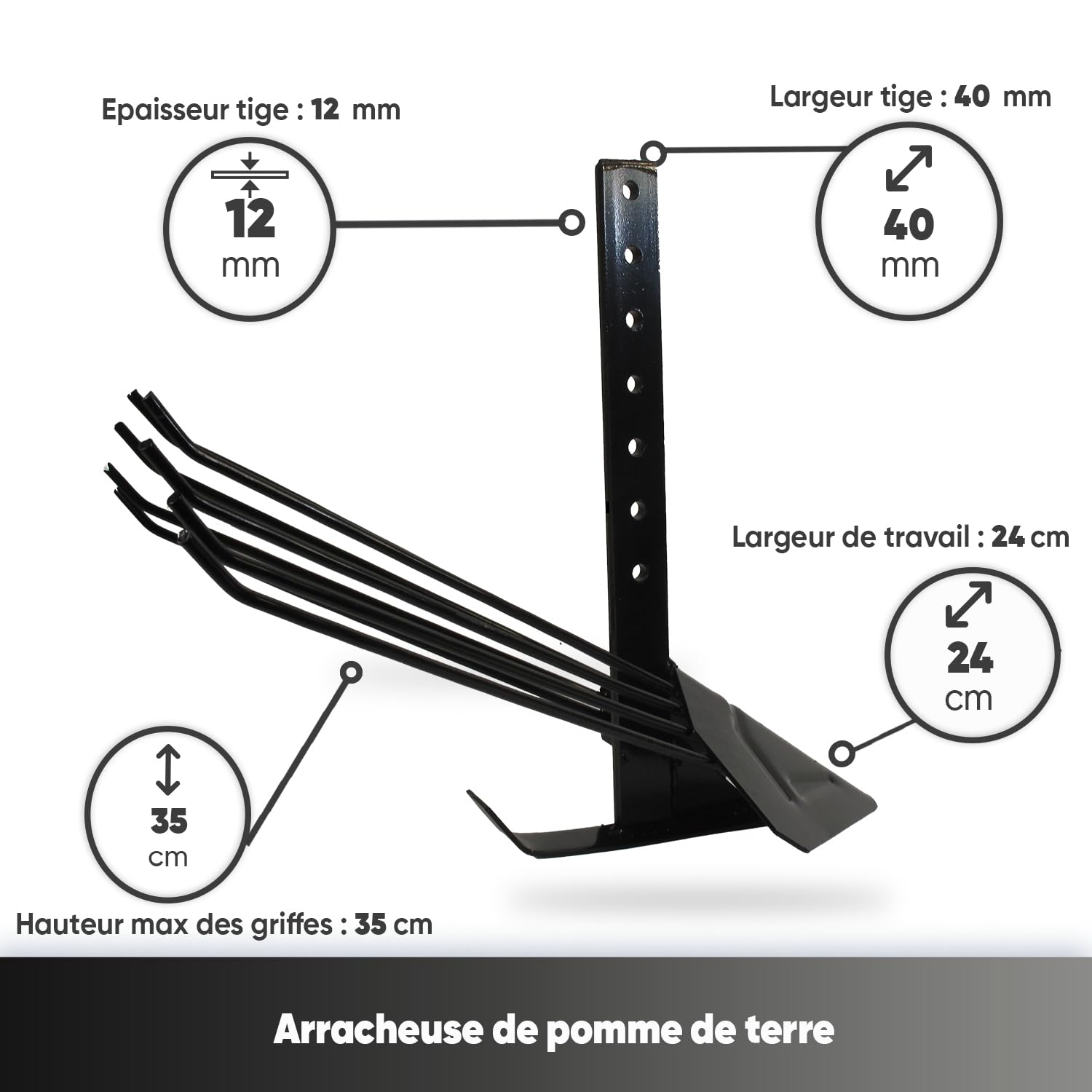 Arracheur De Pommes De Terre À Profondeur Réglable 24 cm Tige 40 x 12mm Alésages 10 mm