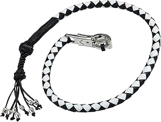 Dream Apparel 36" Motorcycle Get Back Whip Genuine Leather Biker Whip for Handlebar, Motorcycle Whip with Fringes and Skulls, Black and White