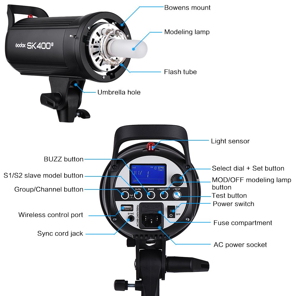 Godox SK400II 400Ws Studio-Blitzlicht Eingebautes 2.4G Wireless X-System GN65 5600K mit 150W Modellierlampe