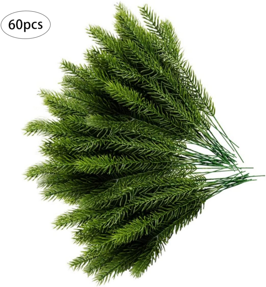 Artificial Pine Branches Fake Greenery Pine Needle Picks Plants for DIY Garland Wreath 60PCSArtificial Branch