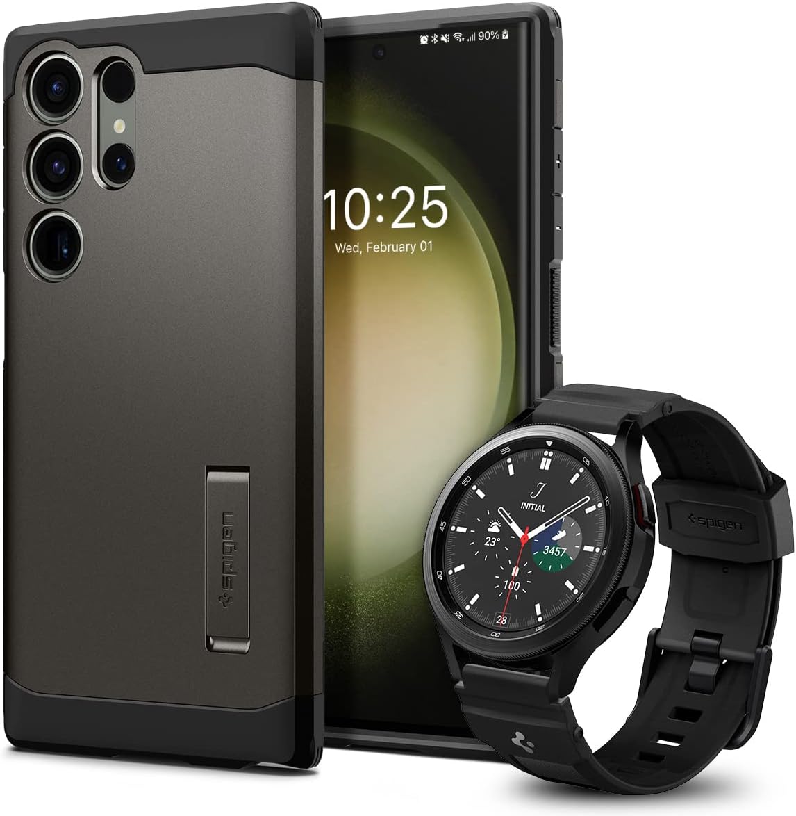 Spigen Tough Armor Designed for Galaxy S23 Ultra Case (2023) and Rugged Band Designed for Samsung Galaxy Watch 7 44/40mm, Galaxy Watch 6/5/4 44/40mm, Galaxy Watch 5 Pro 45mm