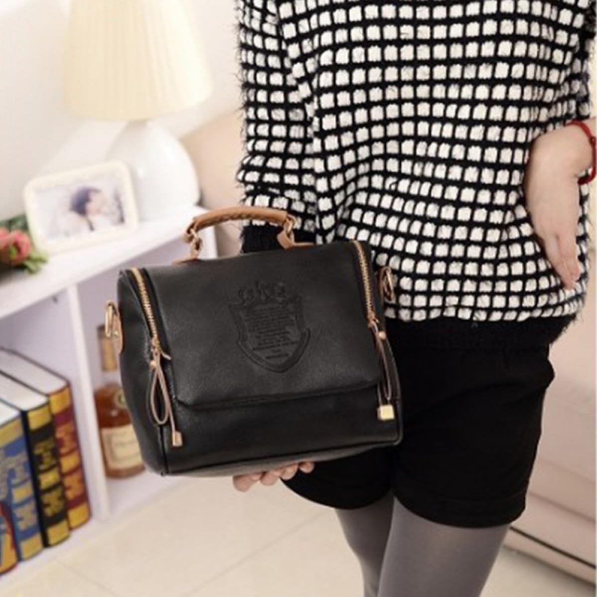 Women Handbag Camera Satchel Shoulder Bag in PU Black