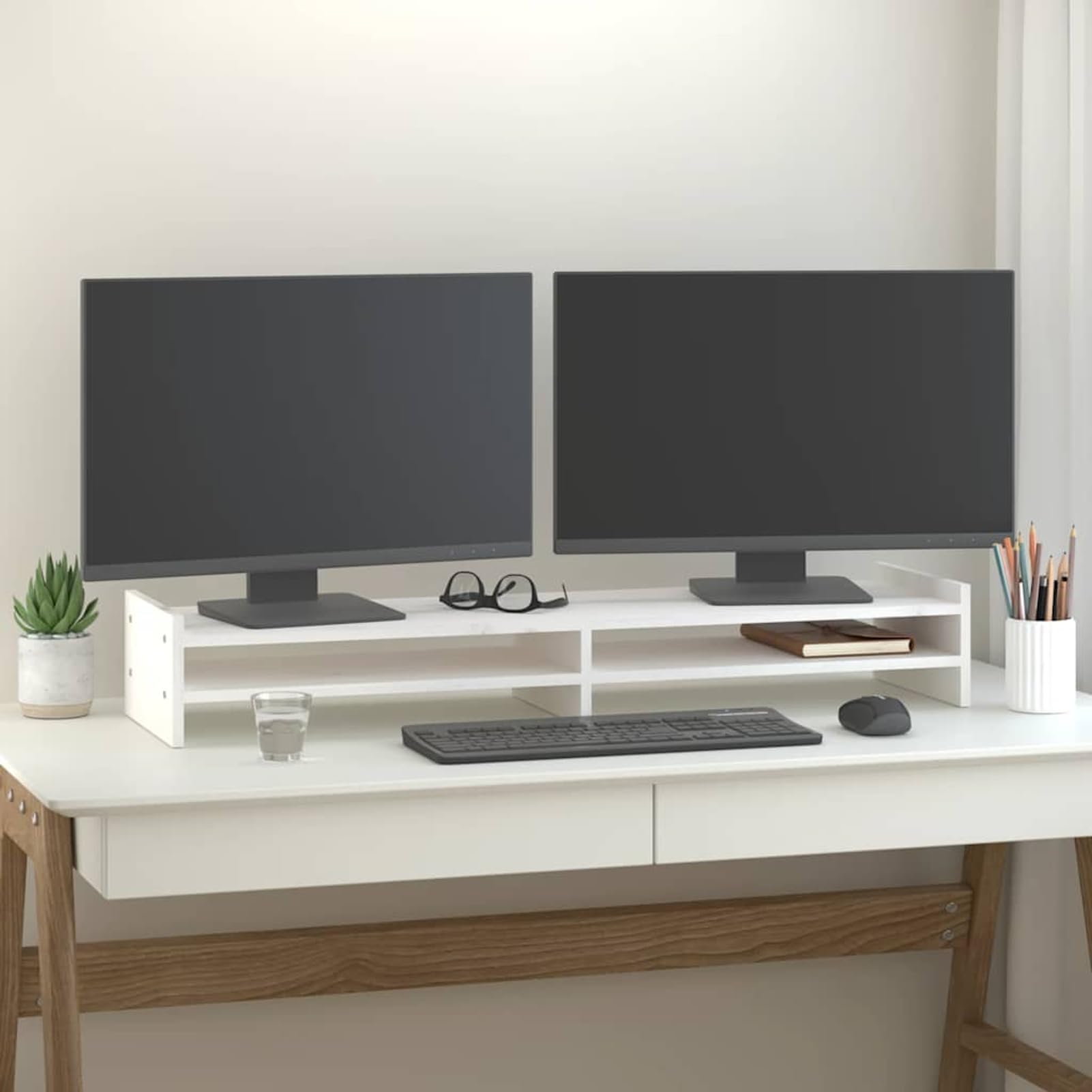 Homgoday Soporte de Monitor Madera Maciza de Pino Blanco 100x27x15 cm Tipo 1