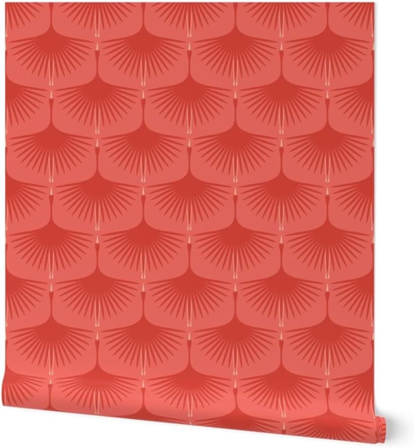 Spoonflower Commercial Grade Wallpaper 27ft x 2ft - Red Coral Bird Art Deco Swan Crane midcentury Modern Traditional Wallpaper