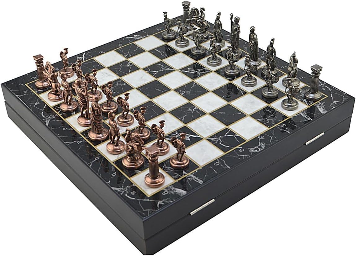 Metal Chess Set for Adults Historical Rome Antique Copper Figures,Handmade Pieces and Different Design Wooden Chess Board with Storage (Marble)