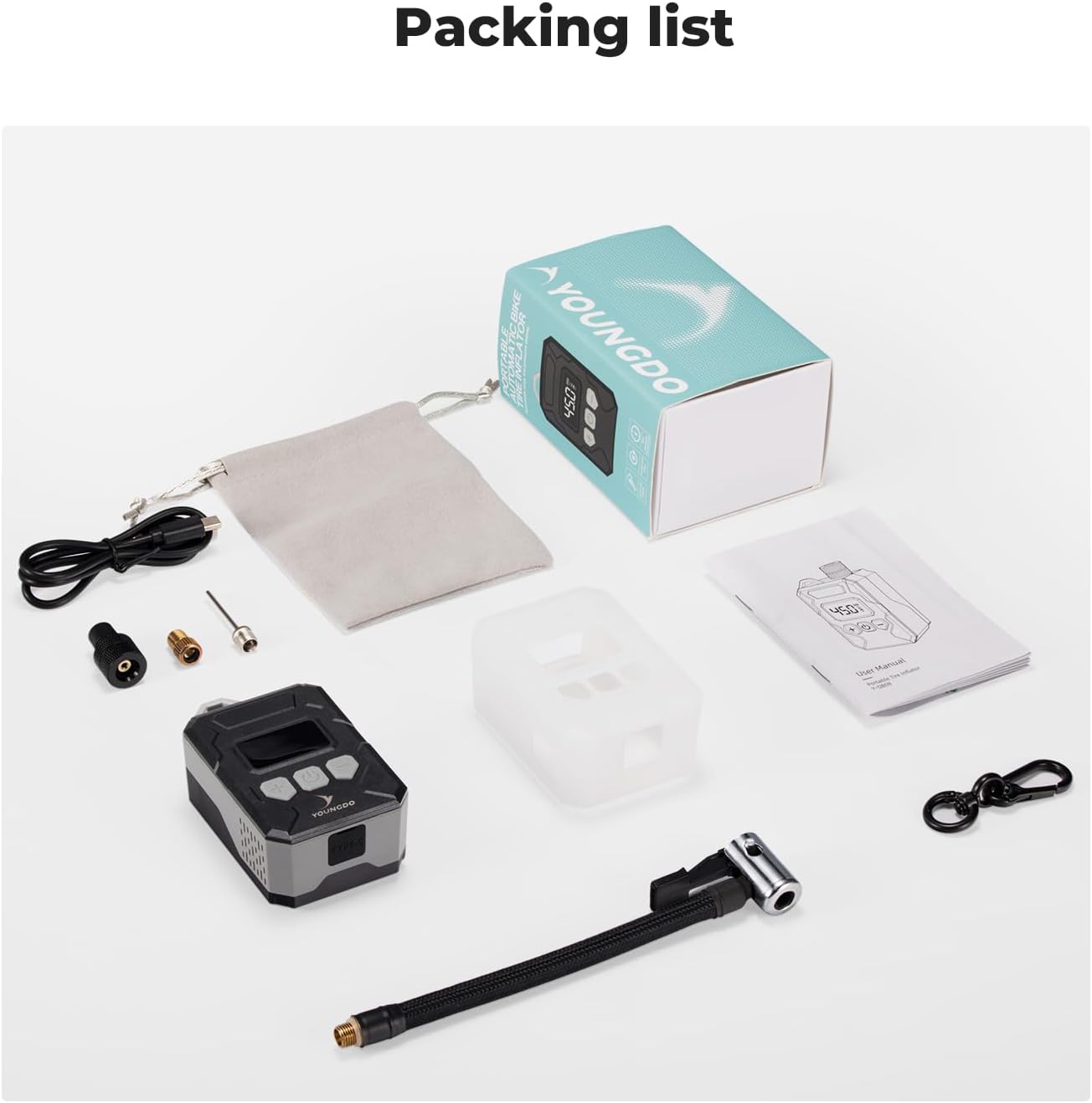 YOUNGDO Mini Bike Pump Package Contents