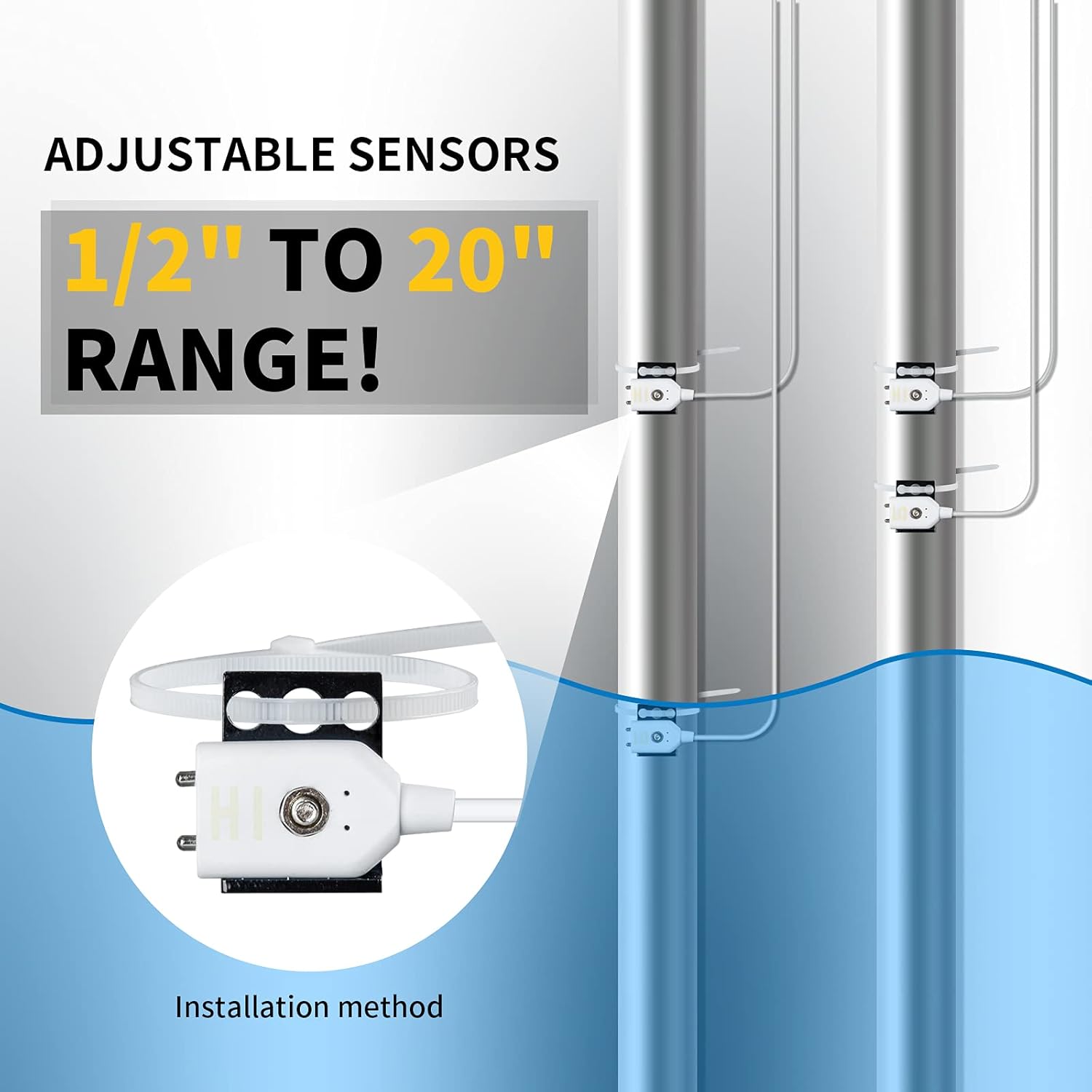 Adjustable sensors with 1/2 to 20 inch range and installation method