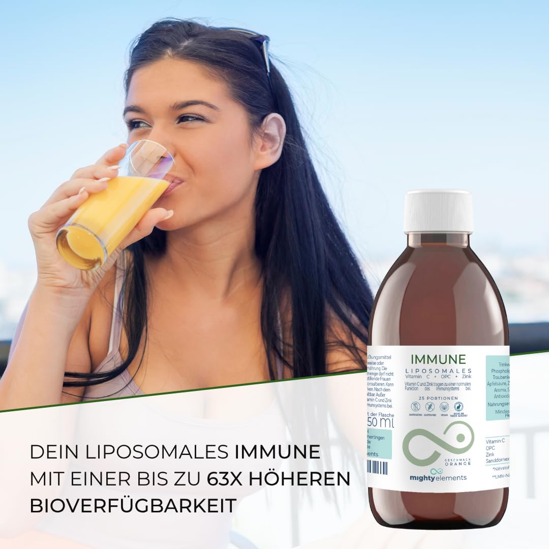 Mighty Elements 3 in 1 - Liposomales Vitamin C 1000 mg, Hochdosiert, Immunsystems, Zink 15 mg, OPC 200 mg, Höhere Bioverfügbarkeit, Orange Geschmack, Flüssig, Sanddorn