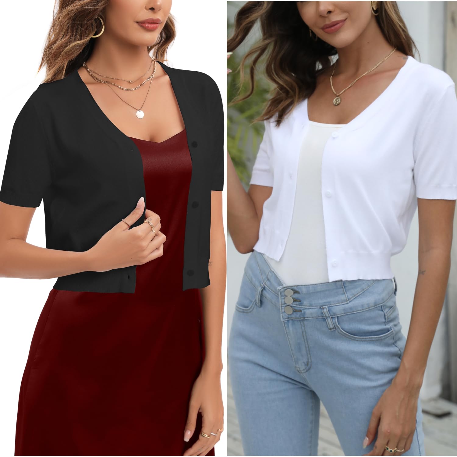 Cardigan Mujer Corto Bolero Chaqueta de Punto Básico de Manga Corta con Botones Rebecas Cuello en V Abrigo