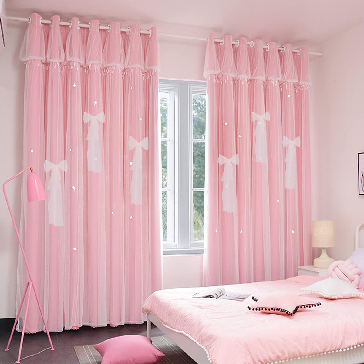 Yancorp Room Darkening Curtains for Nursery Girls Kids Bedroom Pink Star-Cutout and Sheer Curtains 72 inches Long Grommet Layered Window Curtain Panel(Pink-Star Cutout, 52"x72")