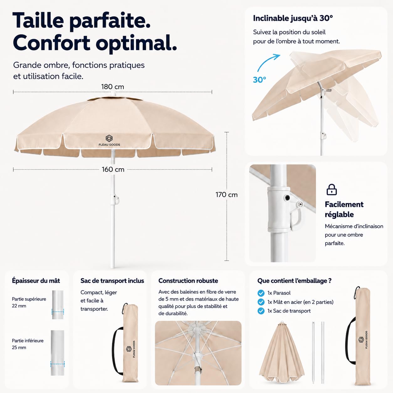 Fleau Goods Parasol de plage – Parasol – Réglable – Protection UV – Résistant à l'eau – Parasol à mât – Parasol de jardin