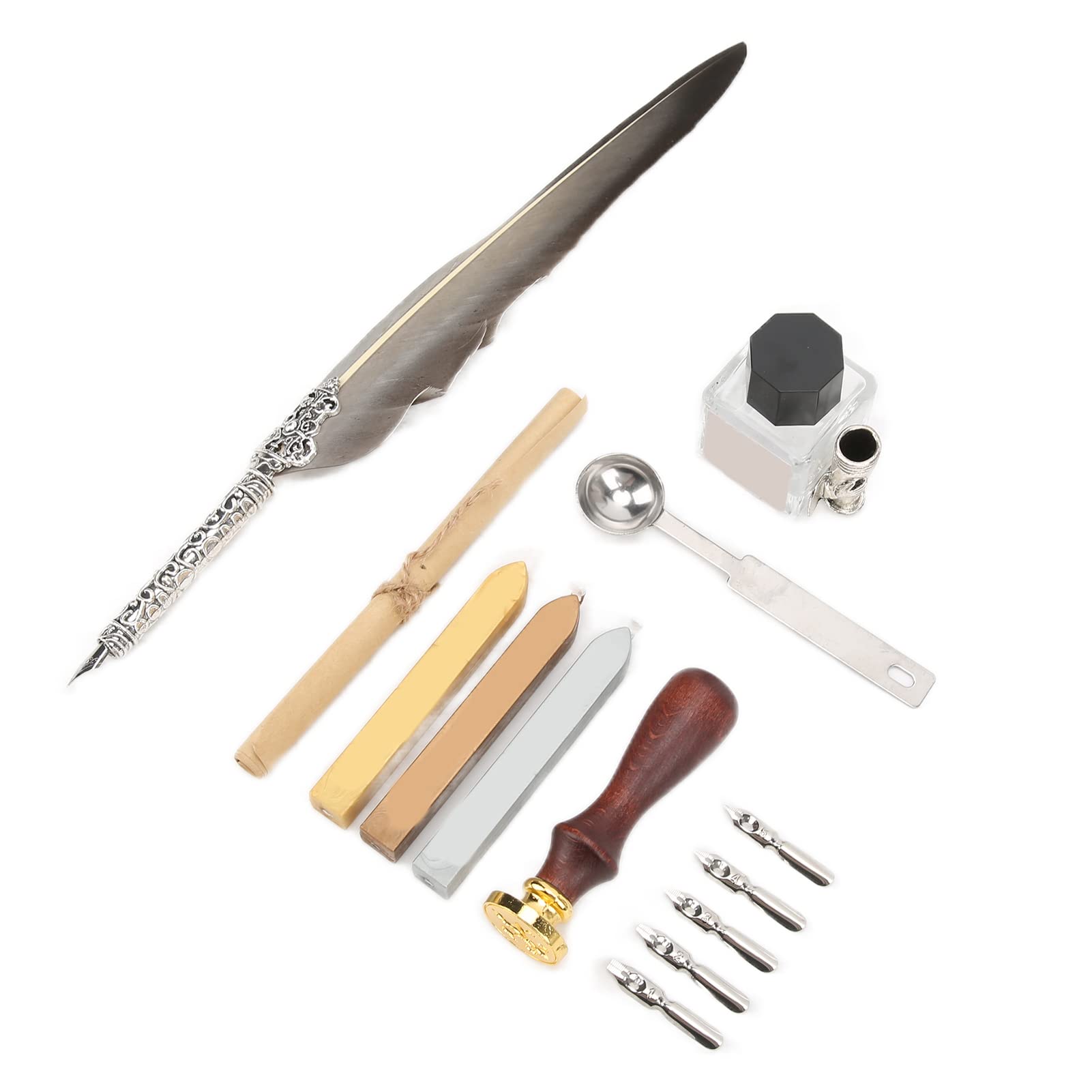 Ensemble de stylos de calligraphie avec plume en acier inoxydable et support en alliage sculpté rétro, et stylo plume en métal pour l'écriture, le dessin (SFDPS038031 Plume grise pointue)