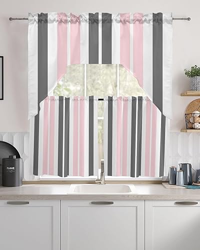 Miniatura 2 de Liuwoyurs Juego de cortinas de cocina a rayas rosas y grises para ventanas, sala de estardormitorio, juego de cortinas de ventana de arte abstracto