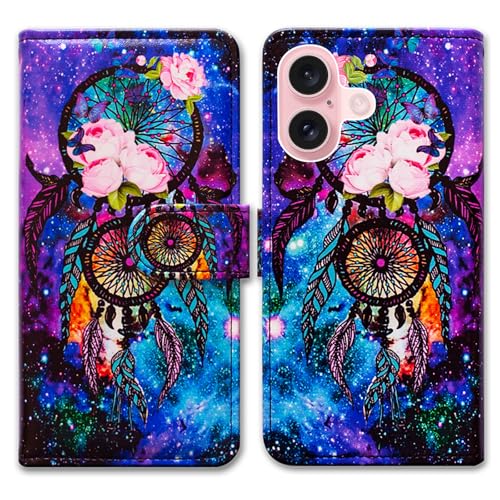 Bcov Case for iPhone 16,Dream Catcher Galaxy Sky Leather Flip Phone Case Wallet Cover with Card Slot Holder Kickstand Case for Apple iPhone 16