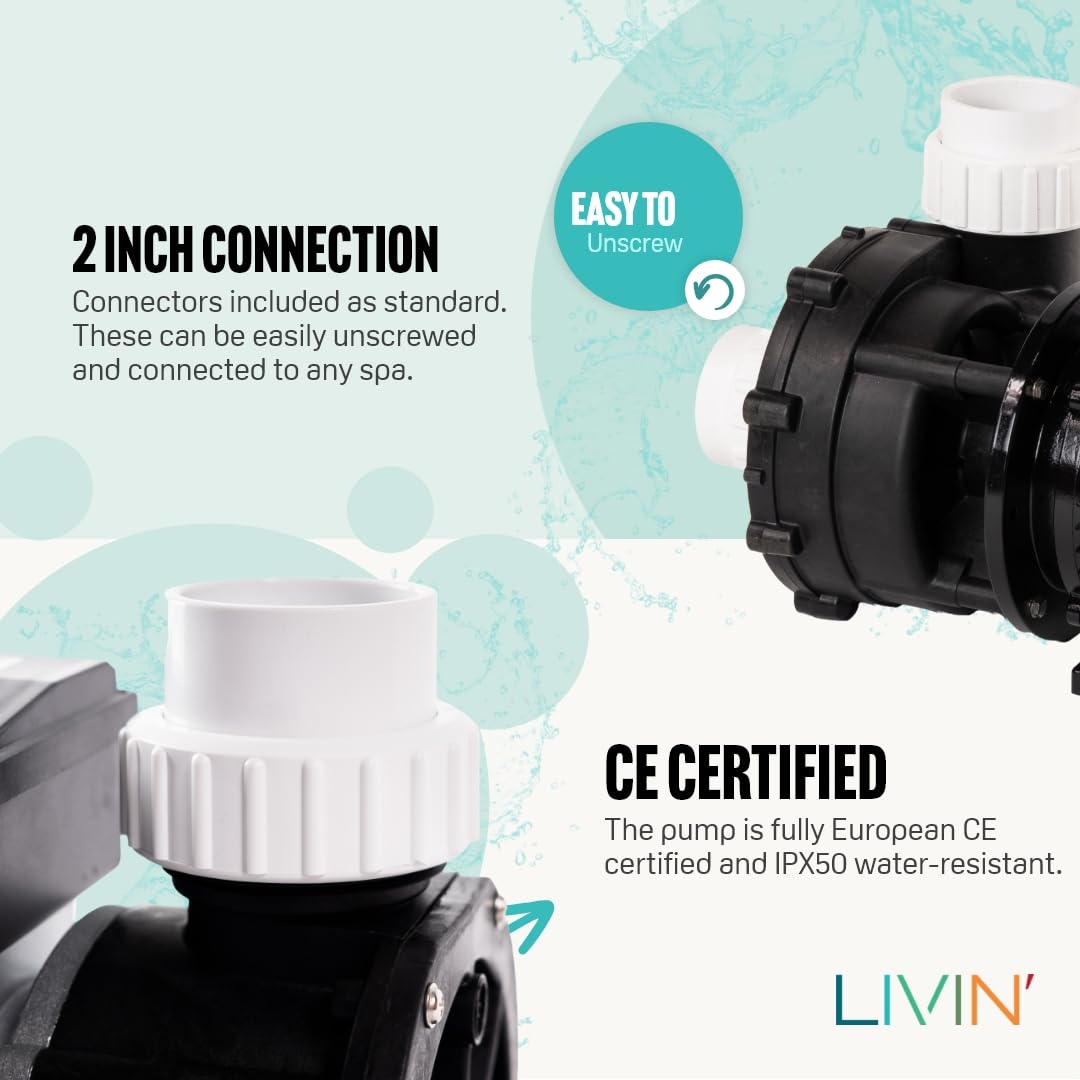 LIVIN LP250 - Pompa per vasca idromassaggio, 1,85 kW/2,5 HP e 600 l/min, pompa per piscina da terra con 230 V/50 Hz e pompa jet, senza rumore