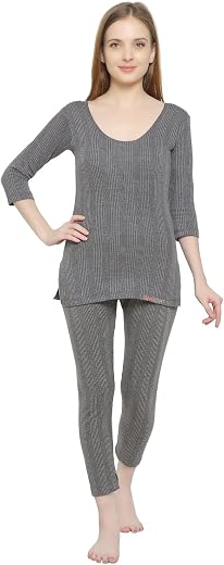 OAKMONT® Women's Super Soft Thermal Winter Wear Body Warmer in Off White and Grey Top-Bottom Set