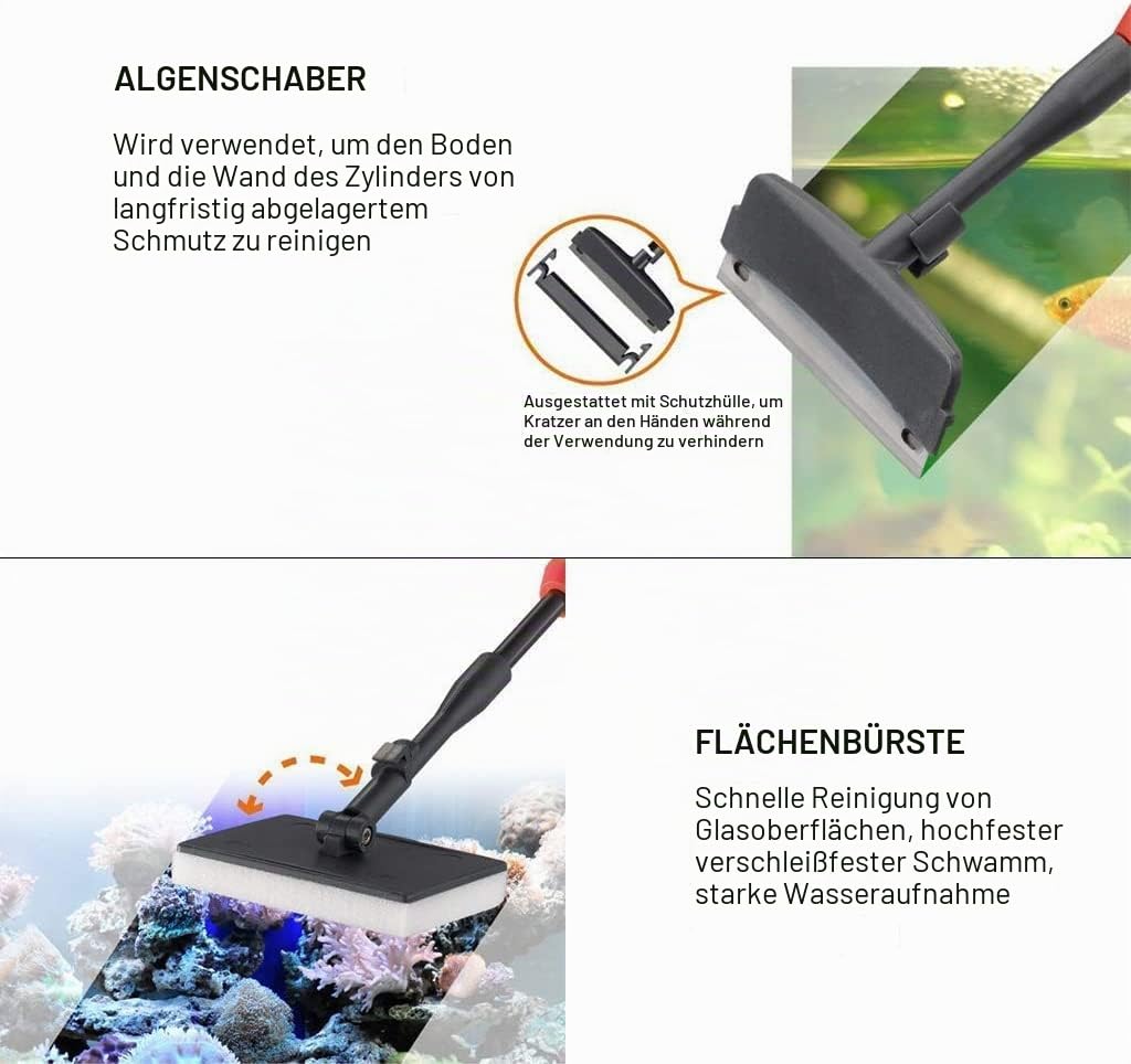 Boxtech Aquarium Reinigungswerkzeuge 6 in 1 Reiniger Set | Algenschaber, Glasschwamm, Kiesbesen, Rohrbürste, Netz,Reinigungswerkzeug fürs Fish Tank