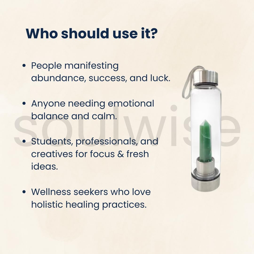 Soulwise Green Aventurine Crystal Water Bottle 500 ml with Natural Crystal Infuser Leakproof Glass Bottle Stainless Steel Cap for Gym Office Travel