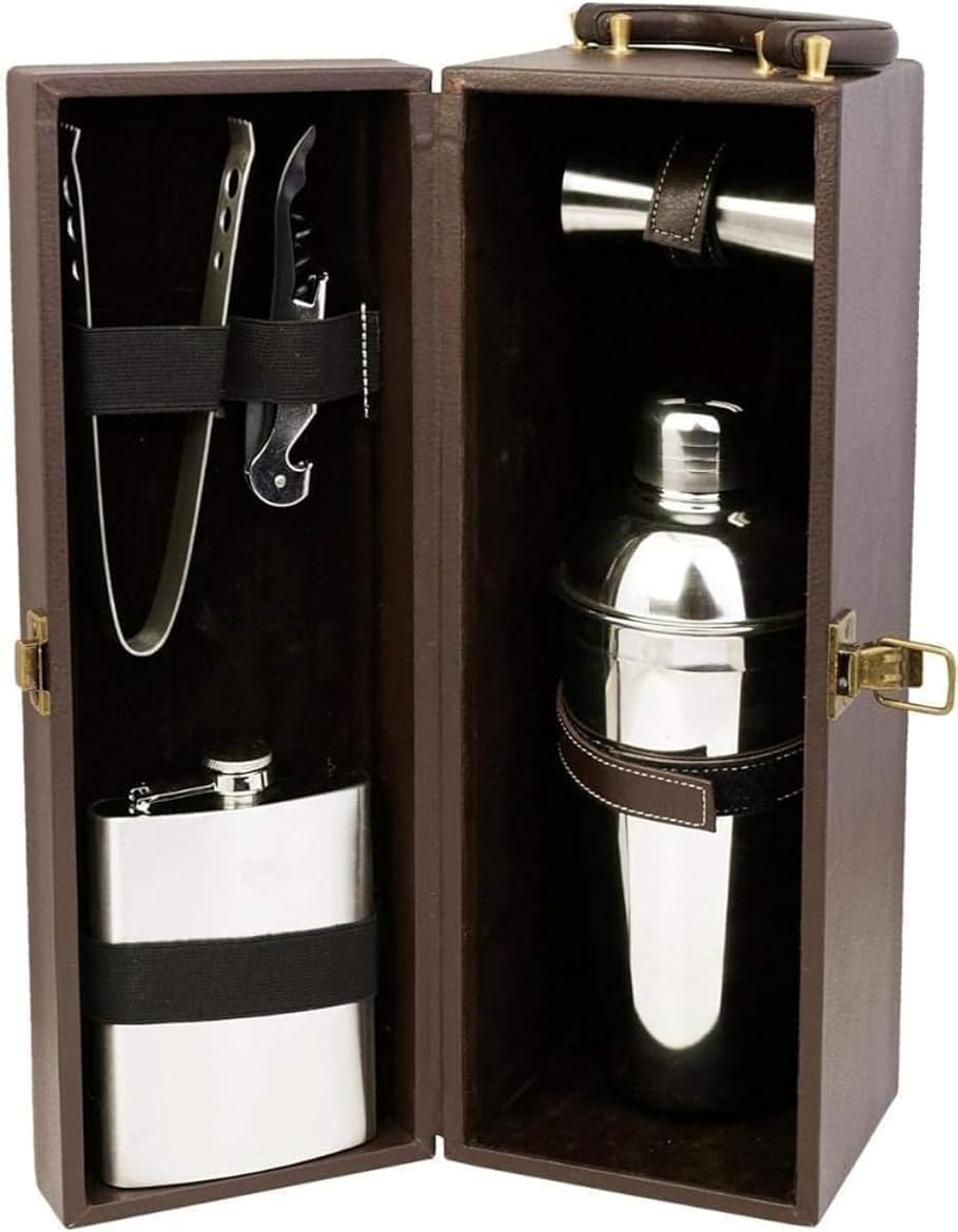 Travel Bar Set | Portable Leatherette Wine and Whisky Case | Wooden Bar Accessories for Picnic (Brown & Beige)