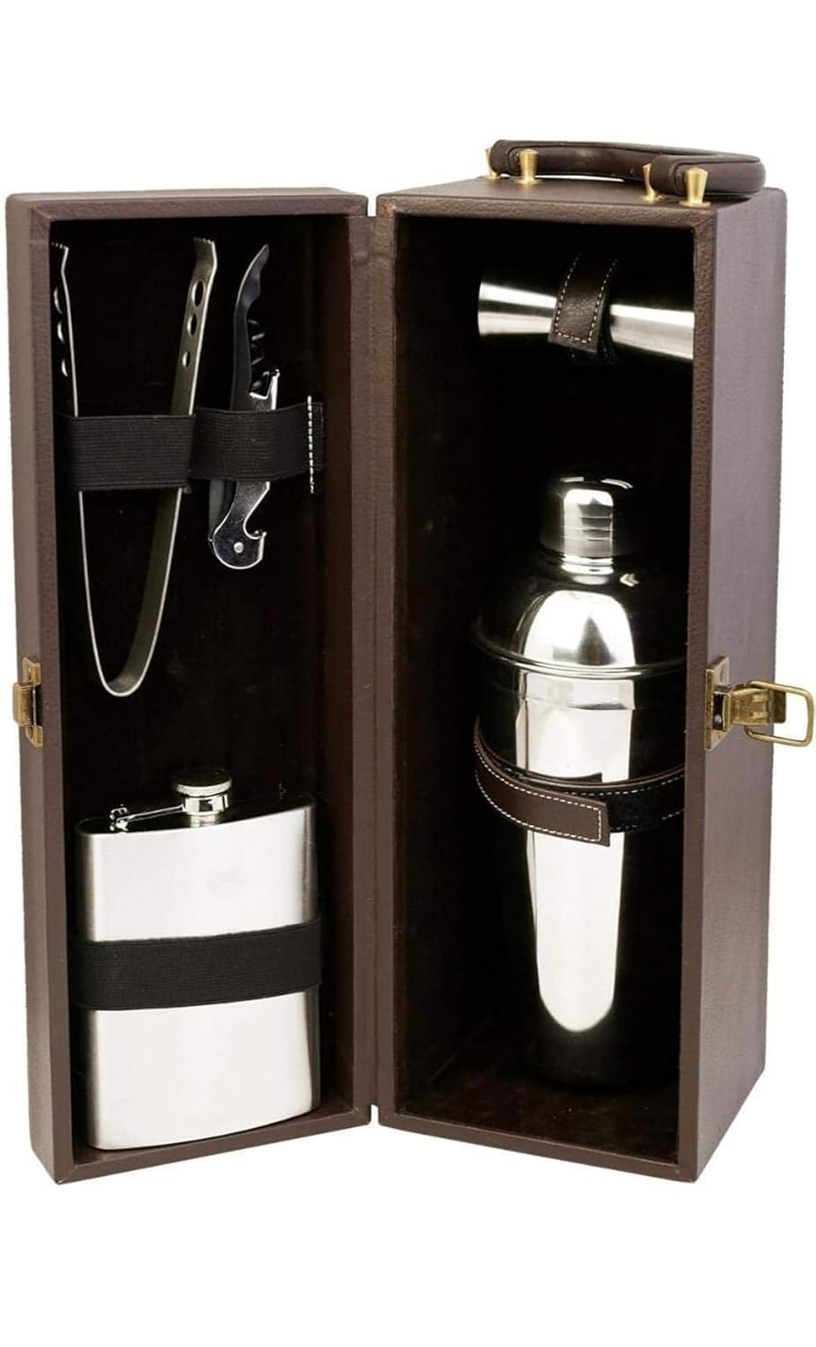 Travel Bar Set | Portable Leatherette Wine and Whisky Case | Wooden Bar Accessories for Picnic (Brown & Beige)