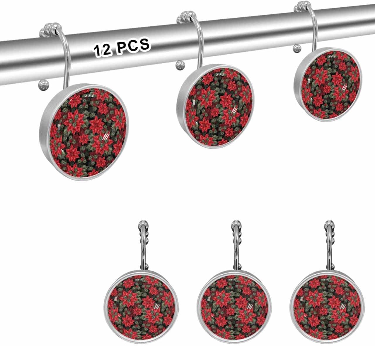 Shower Curtain Hooks 12 Pcs Christmas Berry Poinsettia Flower Design Stainless Steel Rust Proof Rolling Shower Curtain Rings, Decorative Shower Curtain Hooks Hangers for Bathroom