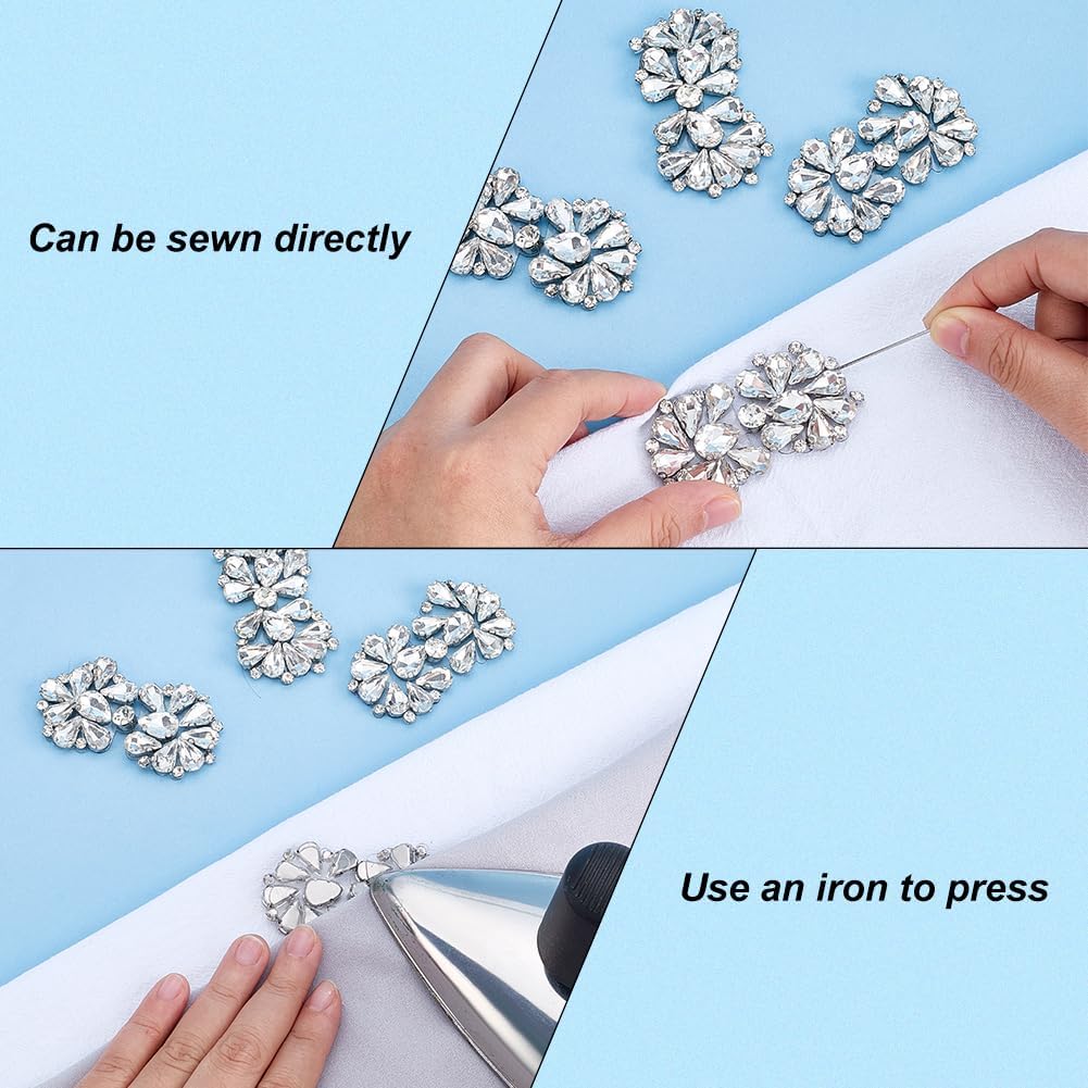 FINGERINSPIRE 6 Pcs Glass Rhinestone Applique 2.5x1.3x0.3 Inch Crystal Flower Iron on Patch Clear Sew On Crystal Applique Sparkling Embellishment for Wedding Dress Evening Gown Shoes Bags Decoration image 3