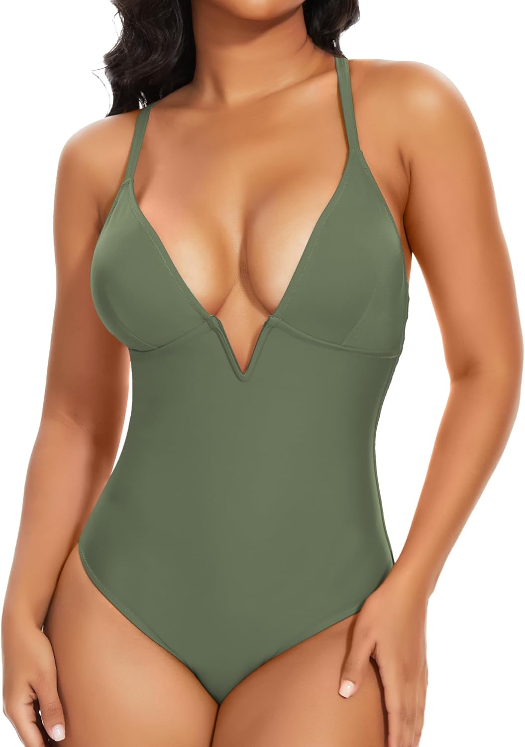 SHAPERIN Women's One Piece Swimsuit Deep V Neck Bathing Suits Tummy Control Push Up Padded Swimwear