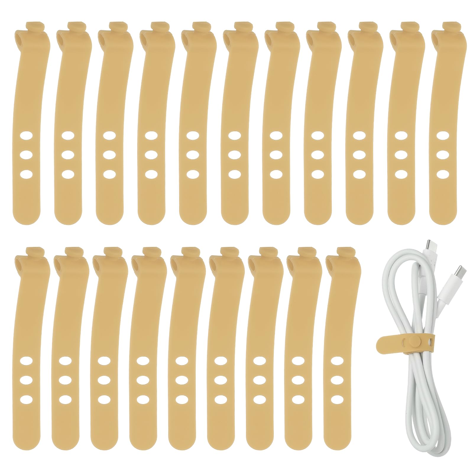 sourcing map 20Pcs Silicone Cable Ties, 3 Hole Reusable Rubber Cord Tie Adjustable Elastic Cord Wraps with Locking Buckle, Multi Purpose Cable Strap for Home Office Travel Wires, Gold