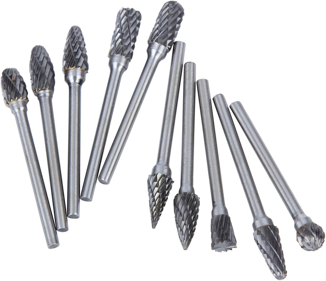 HOMEIDOL Carbide Burr Set Die Grinder Bits Rotary Tool Bits 1/8" Shank 10 PC Double Cut Wood Carving Accessories Cutting Burrs Metal Grinding Engraving Polishing Porting Trimming