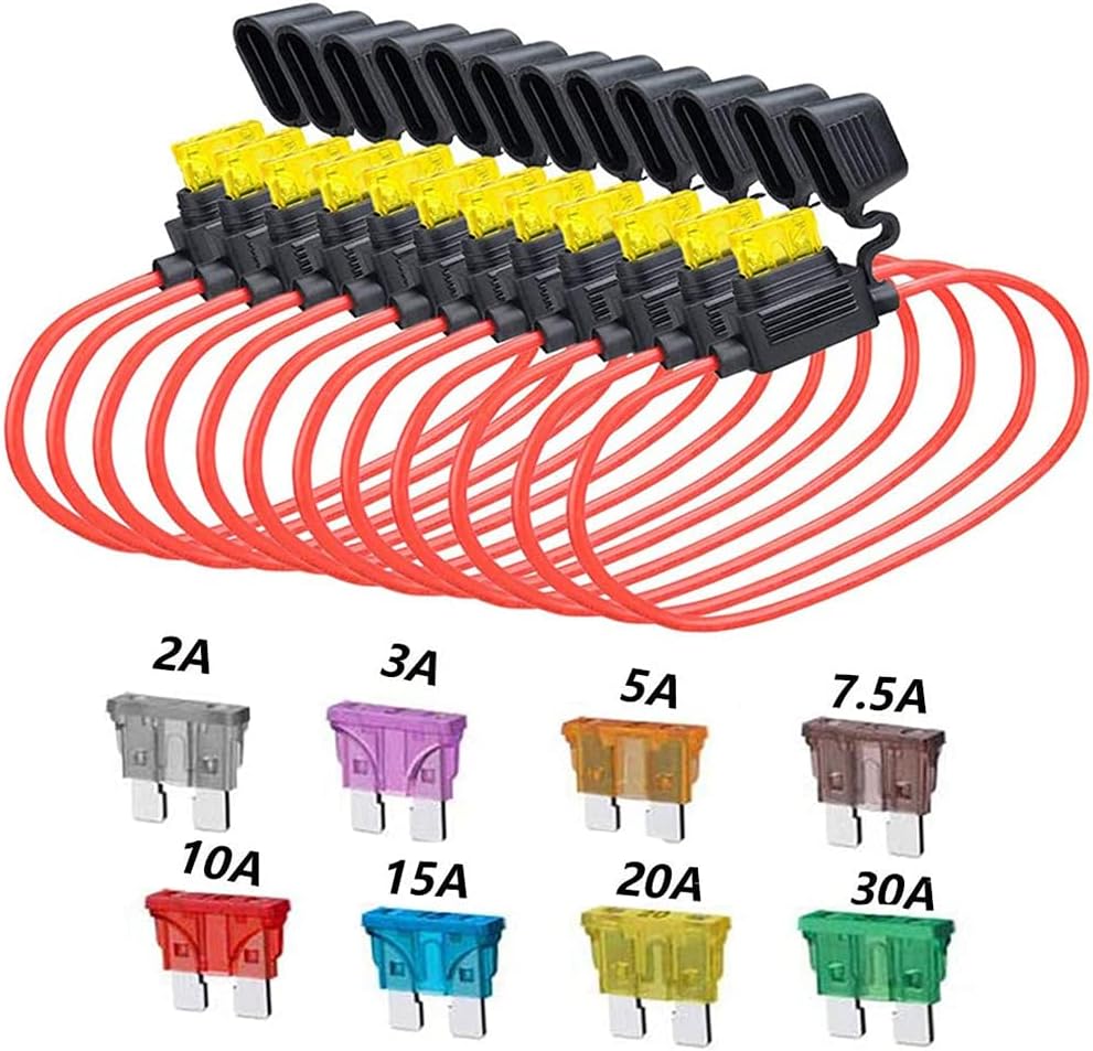 14 Gauge Inline Fuse Holder 12V-DC ATC/ATO 12Pcs Blade Fuse Holders kit with 60 Pcs Standard Car Fuses 14 AWG Wiring Harness Waterproof Pigtail for Fuses 2A 3A 5A 7.5 A 10A 15A 20A 30A