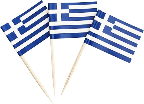 Paquete de 100 banderas de palillos de dientes griegos con bandera de Grecia, palillos de cóctel, mini palito para cupcakes, decoración de fiestas,