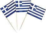 100 Pack Greece Flag Greek Toothpick Flags, Cocktail Picks Mini Stick Cupcake Toppers Country Picks Party Decoration Celebration Cocktail Food Bar Cake Flags (Greek)
