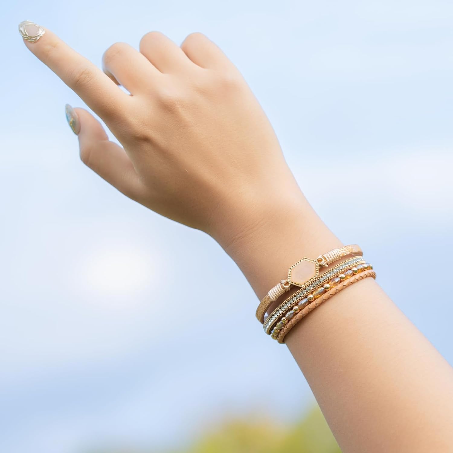 FANCY SHINY Crystal Beaded Leather Wrap Bracelet Stackable Boho Jewelry for Women Resin Stone Bangle Cuff with Magnetic Clasp - Image 4