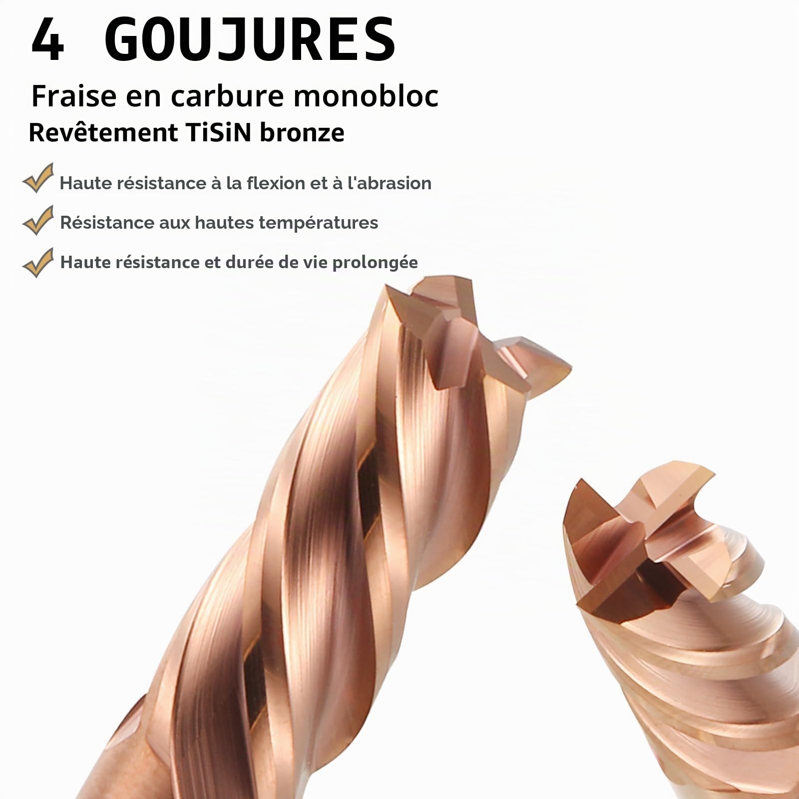 Lot de 2 fraises hélicoïdales CED de 6 mm en carbure à 4 cannelures - Revêtement TiSiN - VHM CNC - 55 HRC - Pour acier, alliage d'aluminium, cuivre