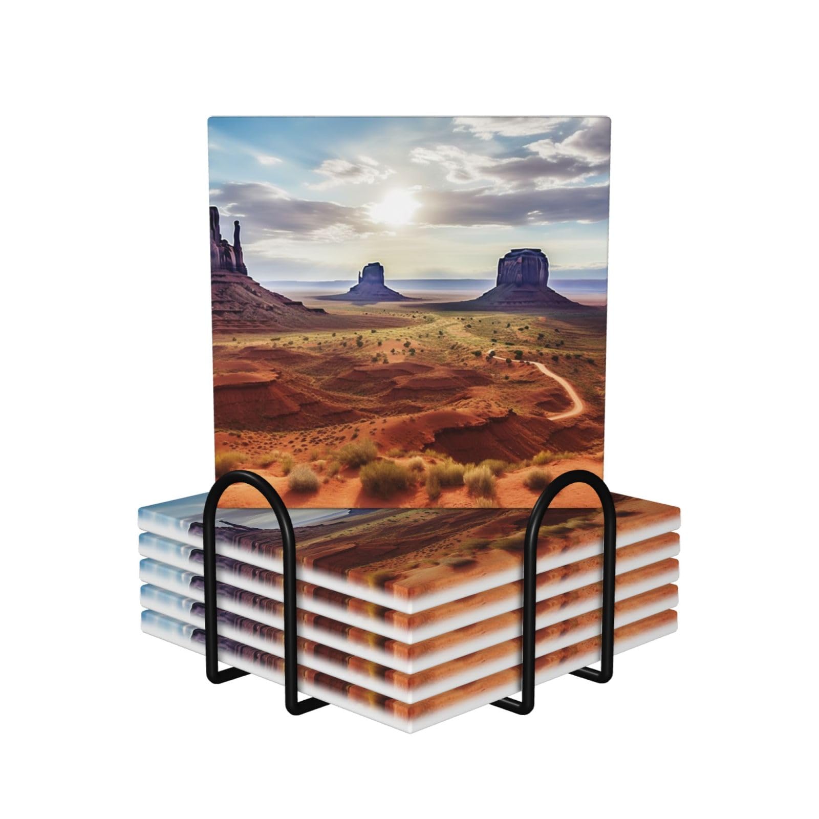 Smazdfxx Square 6Pcs Drink Coasters With Holder Drink Coaster Funny Cup Mat Pad Landscape Of Monument Valley Ceramic Coaster For Drinks Absorbent Bar Beer Beverage Coasters Set For Tabletop Protection