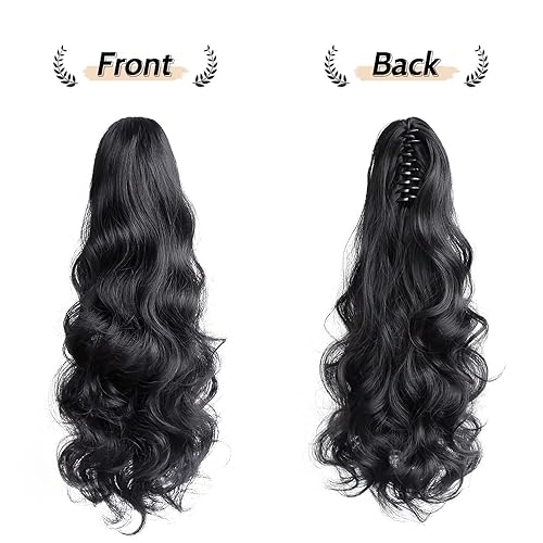 Miniatura 7 de Peluca de cola de caballo negra, extensiones de cabello ondulado de 20 pulgadas, extensiones de cabello sintético sintético esponjoso y rizado con