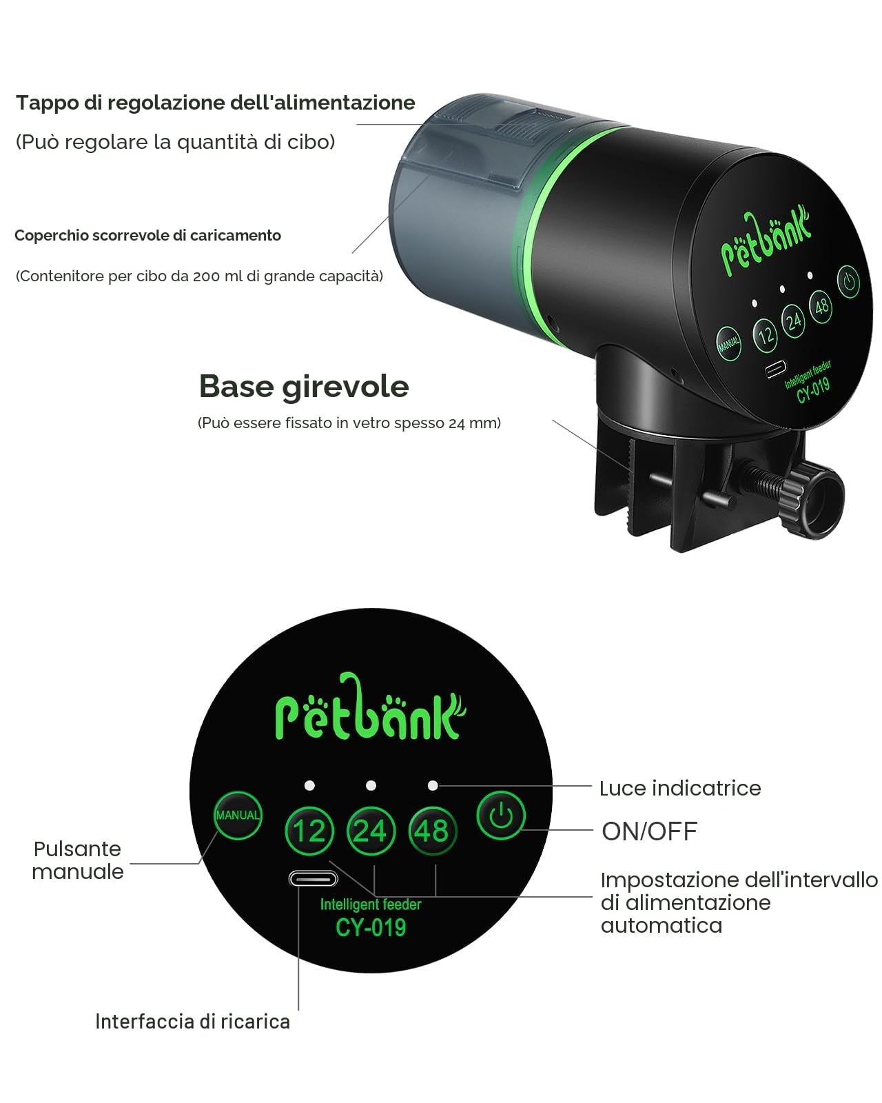 Mangiatoia Automatica Acquario - Mangiatoia Pesci Intervallo di alimentazione del pesce facile da impostare 12/24/48 ore con Cavo di USB Charger, Dispenser Cibo Pesci Automatico, Nero
