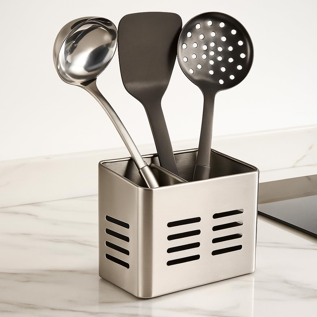 Portautensili Rettangolare da Cucina - Contenitore Portaposate in Acciaio - Scolaposate - Portapenne Metallico - 16 x 9 cm