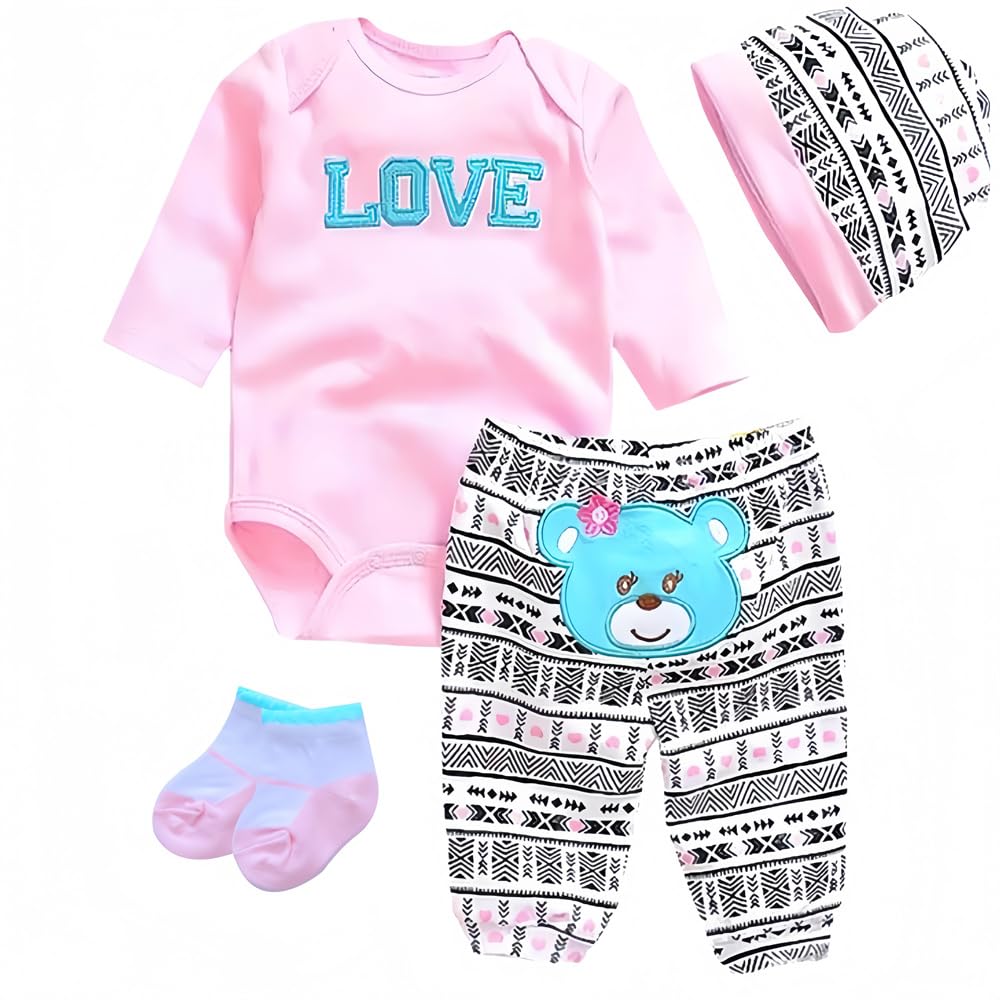 Reborn Baby Dolls Clothes Cute Bear and 'Love' Pattern 4pcs Set for 17-22 Inch Newborn Baby Doll Girl, Baby Doll Clothes Outfit Accessories fit 17-22