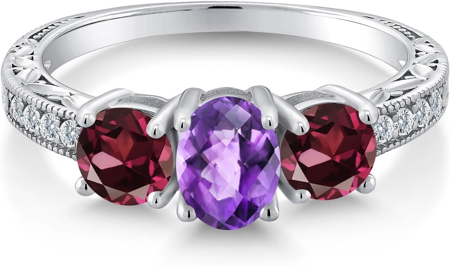 Gem Stone King 2.07 Cttw Purple Amethyst and Red Rhodolite Garnet Engagement Ring For Women | 925 Sterling Silver | Oval Checkerboard Cut 7X5MM | Wedding Engagement Anniversary Ring For Women